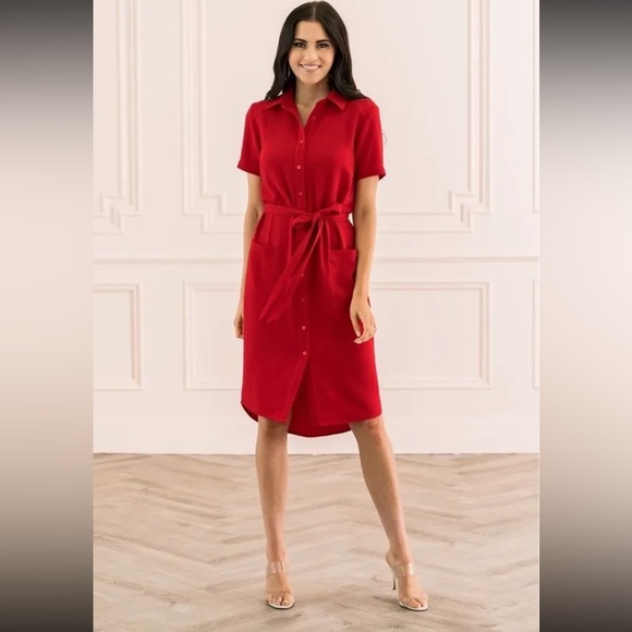 Racheal Parcell Red Short Sleeve Button Front Collared Everyday Shirt Dress S - Picture 3 of 16